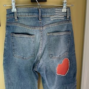 Revice denim high rise heart patch jean with American flag stitched on waistline